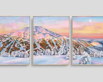 Mount Bachelor | Paper Prints or Canvas, Winter Diptych Artwork | Print of Original Oil Painting | &quot;Bend Oregon&quot; - Set of 3 Prints or Canvas