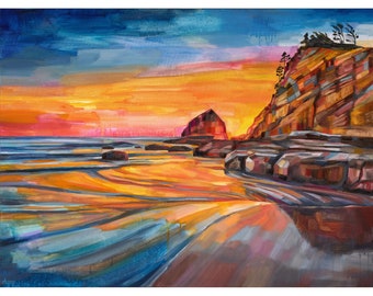 Cape Kiwanda - archival ink print of Oregon coast painting, Pacific City