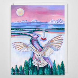 May include: A painting of a barn owl flying over a snowy landscape with a red building and mountains in the background. The sky is a vibrant pink and purple.