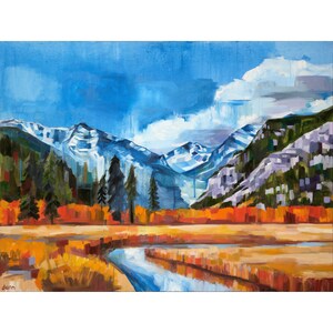 May include: A painting of a mountain range with snow-capped peaks, a river flowing through a valley, and a forest of trees in the foreground. The sky is blue with white clouds. The colors are vibrant and the brushstrokes are loose and expressive.
