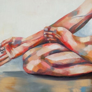 May include: Oil painting of a human form, featuring a hand and foot in a relaxed pose. The artwork uses a palette of warm colors, including reds, oranges, and pinks, with highlights and shadows. The style is impressionistic.
