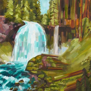 Sahalie Falls - archival ink print of landscape oil painting by Sheila Dunn. Hand signed by artist, McKenzie River, Oregon forest waterfall image 2