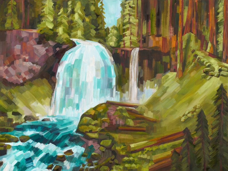 Sahalie Falls - archival ink print of landscape oil painting by Sheila Dunn. Hand signed by artist, McKenzie River, Oregon forest waterfall image 2