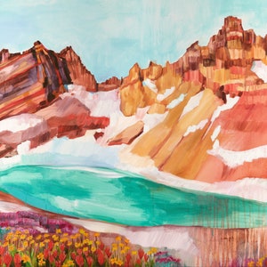 May include: A painting of a mountain lake with snow-capped peaks and a turquoise blue lake. The lake is surrounded by colorful wildflowers, including red, yellow, and purple blooms.