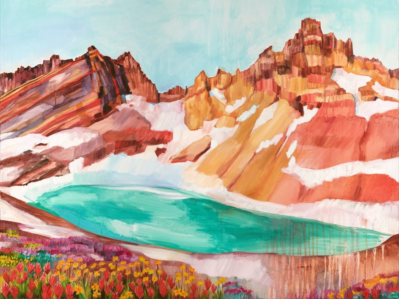 May include: A painting of a mountain lake with snow-capped peaks and a turquoise blue lake. The lake is surrounded by colorful wildflowers, including red, yellow, and purple blooms.