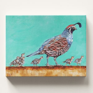 CANVAS WALL ART - Quail Family Teal archival ink print, ready to hang, gallery stretched