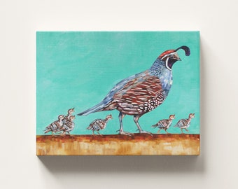 CANVAS WALL ART - Quail Family Teal archival ink print, ready to hang, gallery stretched