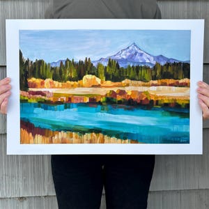 Metolius – archiwalny wydruk tuszem rzeki Oregon i malarstwa krajobrazowego, Mount Jefferson, Sheila Dunn art