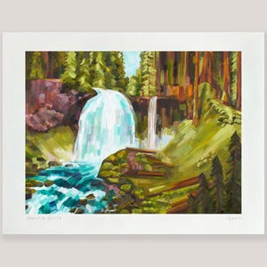Sahalie Falls - archival ink print of landscape oil painting by Sheila Dunn. Hand signed by artist, McKenzie River, Oregon forest waterfall image 1