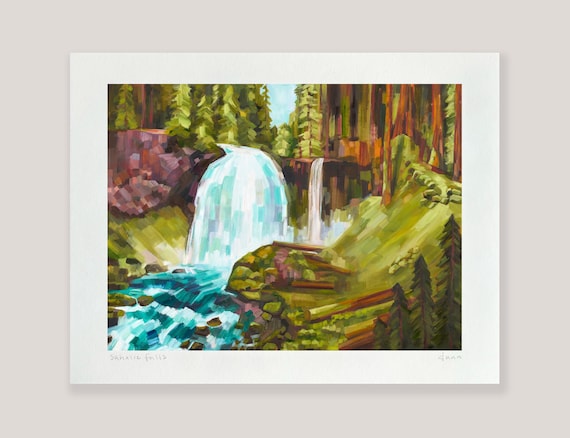 Sahalie Falls - archival ink print of landscape oil painting by Sheila Dunn. Hand signed by artist, McKenzie River, Oregon forest waterfall