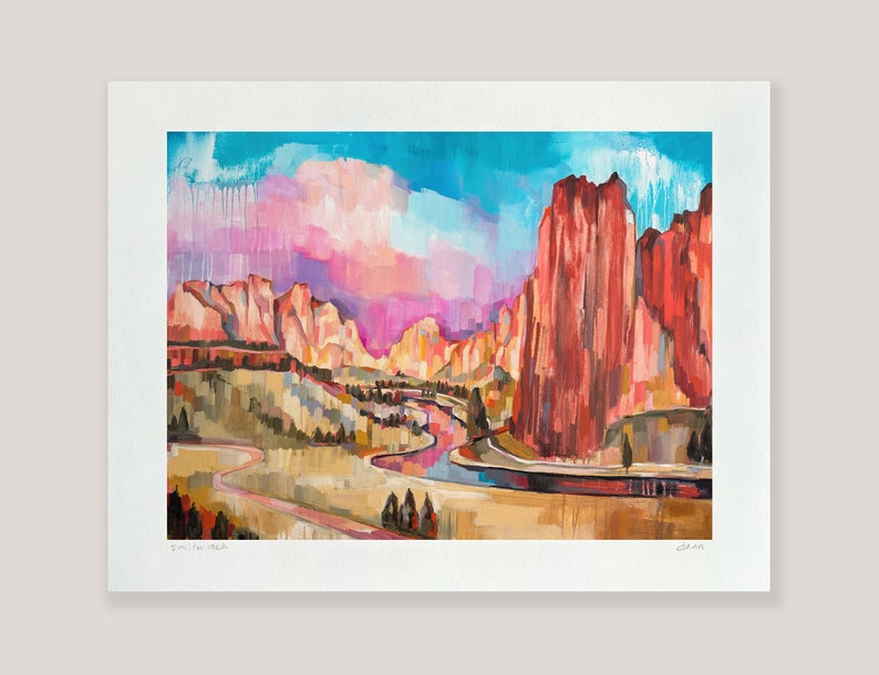 May include: A painting of a landscape with a river winding through a valley. The mountains in the background are a vibrant red, while the sky is a mix of blue, pink, and purple. The painting is signed "Smith Rock" in the bottom left corner and "Clara" in the bottom right corner.