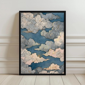 May include: Framed art print featuring a stylized cloudscape. The artwork showcases swirling clouds in shades of blue, cream, and gold against a blue background. The print is encased in a black frame, suitable for wall decor.