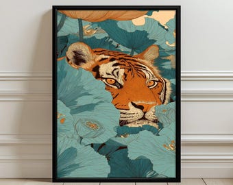 Tijger in bloemen jungle esthetische muurkunst posterafdruk