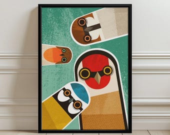 Retro muurposter met nieuwsgierige tuinvogels uit het midden van de eeuw - vintage vogelkunstwerk