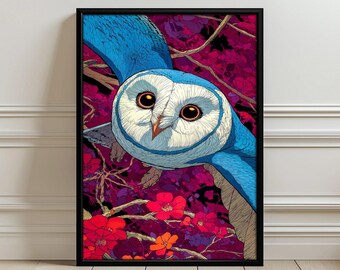 Blue Owl Illustration Aesthetic Wall Art Poster Print