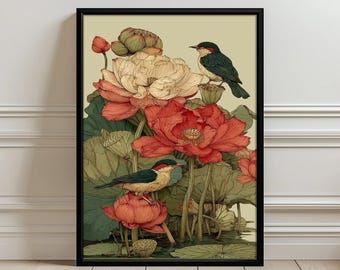 Vogels en lotusbloemen esthetische muurkunst posterafdruk
