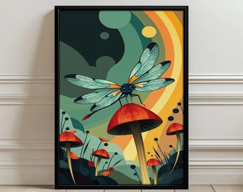 Dragonfly on Mushroom Aesthetic Poster, Nature Insect Wall Art Print