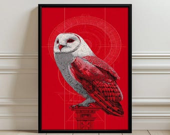 Pop-art uil illustratie poster - moderne rode achtergrond muurkunstdruk