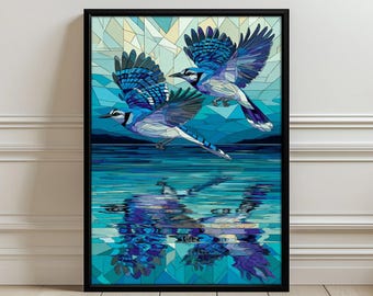 Blue Jays muurposter in gebrandschilderd glasstijl