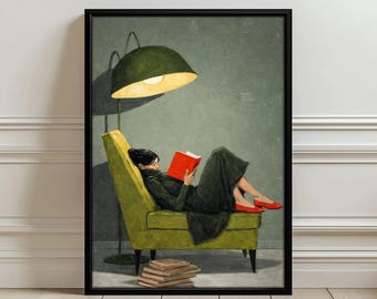 Vrouw leest op groene stoel kunst, print gezellig leesmoment, muurposter rode schoenen, decor moderne ontspannende scène