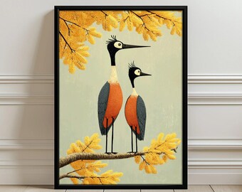 Illustrated Birds on Branch Aesthetic Wall Art Poster Print