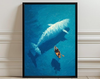 Walvis en boot esthetische muurposter - illustratie print minimale oceaan