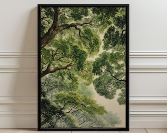 Vintage bos natuur illustratie | Groene bos luifel muurposter | Botanische kunstafdruk boomplafond