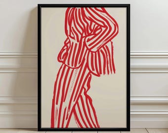 Fashion Line Art Poster - Gedurfd rood gestreept pak abstracte muurprint, moderne minimalistische illustratiestijl kunstwerk voor woonkamer of studio