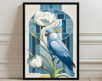 Blue Parrot Floral Wall Art Poster - Aesthetic Bird and Flower Print
