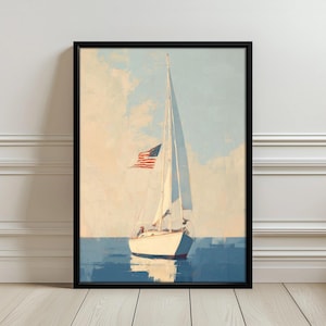 May include: A framed wall art print depicting a white sailboat on calm blue water under a pale sky. The sailboat features a tall mast with white sails and a small American flag flying from the rigging. The painting style uses soft brushstrokes.