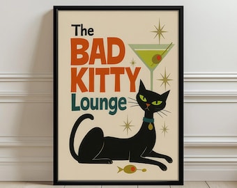Halverwege de eeuw moderne kattenkunst Retro decor - Bad Kitty Lounge Print - muurposter cadeau kattenliefhebber - vintage kattenkunstwerk