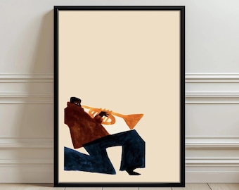 Minimalistische poster trompettist, muurkunstdruk jazzmuziek