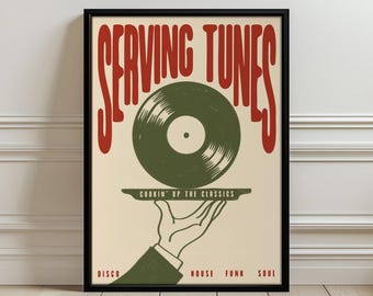 Serveerdeuntjes Muziekillustratie | Retro vinylplatenkunst | Muurposter disco en huis uit het midden van de eeuw voor bardecoratie