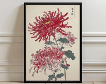 Kunst aan de muur Japanse chrysanten, vintage bloemenprint, Aziatische botanische poster, rode chrysantenkunstwerk