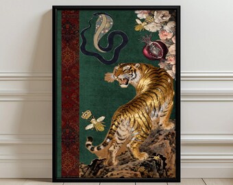 Vintage Tiger and Cobra Floral Wall Art Poster - Botanical Animal Print