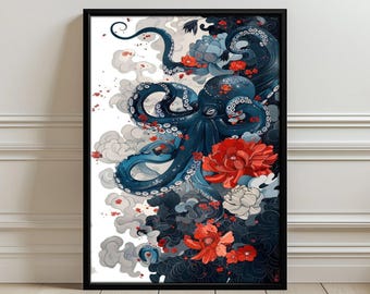 Octopus and Floral Aesthetic Wall Art Print Poster