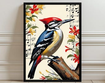 Woodpecker Floral Music Wall Art Poster - Aesthetic Bird Illustration Print