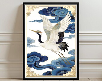 Crane with Blue Clouds Aesthetic Poster Wall Art Print