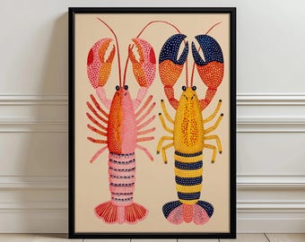 Kleurrijke kreeftillustratie, moderne nautische kustmuurposter, levendige mariene kunstprint