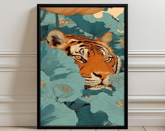 Tijger in bloemen jungle esthetische muurkunst posterafdruk