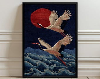 Kranen en rode zon esthetische muurkunstposter