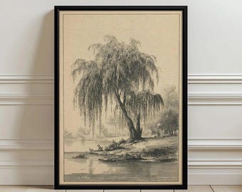 Vintage Willow Tree Landscape Wall Poster, Rustic Black and White Nature Print, Country River Scene Artwork for Home Decor