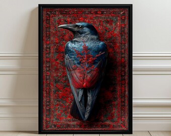 Raven with Red Floral Design Aesthetic Wall Art Poster
