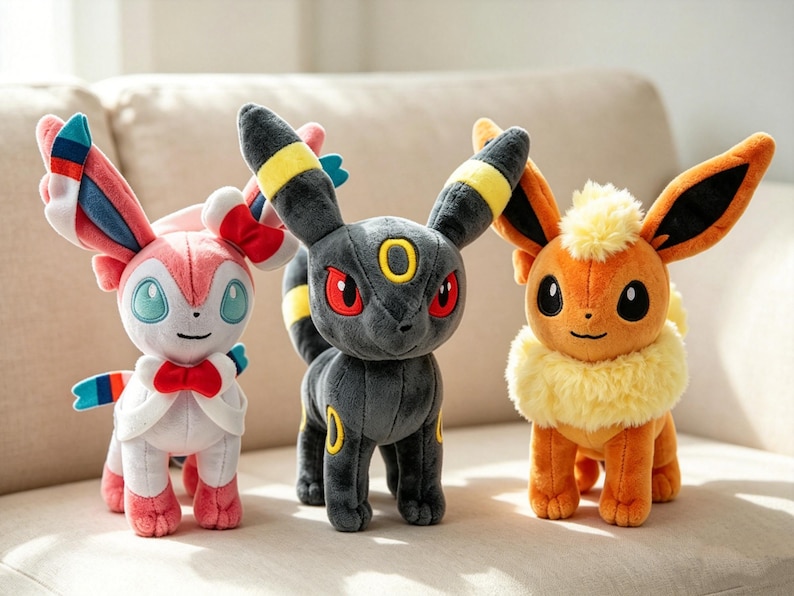 May include: Three plush Pok&eacute;mon figures: Sylveon, Umbreon, and Flareon. Sylveon is pink, white, and blue with a bow. Umbreon is black with yellow accents and red eyes. Flareon is orange with a yellow fur collar. All are standing on a beige surface.