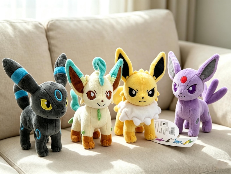 May include: Four plush toys of various Pok&eacute;mon characters are displayed on a beige couch. The plushies include a black Umbreon, a cream-colored Leafeon, a yellow Jolteon, and a purple Espeon. Each has distinctive features and colors.