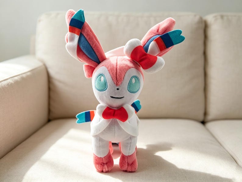 May include: A plush Sylveon toy, featuring a pink, white, and blue color scheme. The toy has large, expressive teal eyes, a red bow, and striped accents on its ears and appendages. It is standing on a beige couch.
