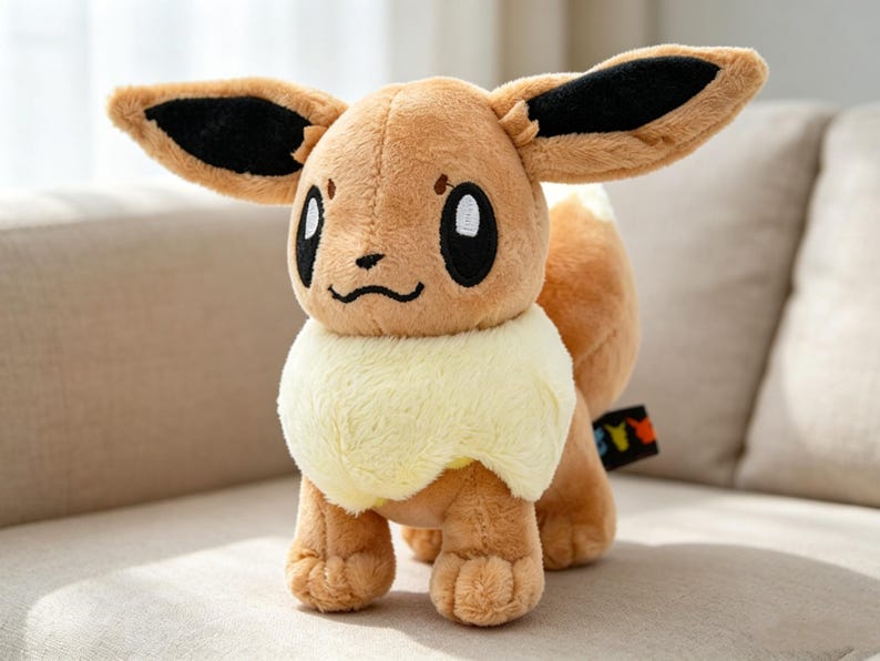 May include: A plush Eevee toy, featuring brown fur, large ears with black tips, and a fluffy cream-colored ruff. The toy has large, expressive eyes and a small, black nose and mouth. It is posed on a neutral-toned sofa.
