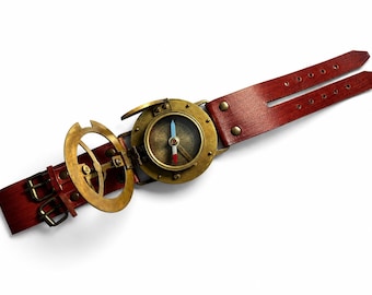 Handcrafted Brass Sundial Compass Watch – Vintage Astronomical Navigation Instrument with Leather Strap