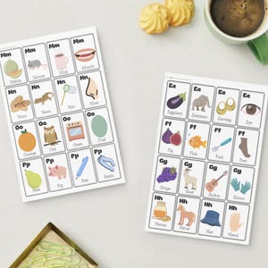 May include: Two white flashcards with colourful illustrations and text, featuring the alphabet from M to H. The cards display images of a melon, mouse, mug, mouth, nuts, newt, net, nose, orange, owl, oven, oval, pear, pig, pen, and pants.