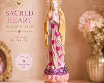 Sacred Heart Virgin Statue Pink Gold Handmade Religious Art Decor French Handmade Shrine 27cm